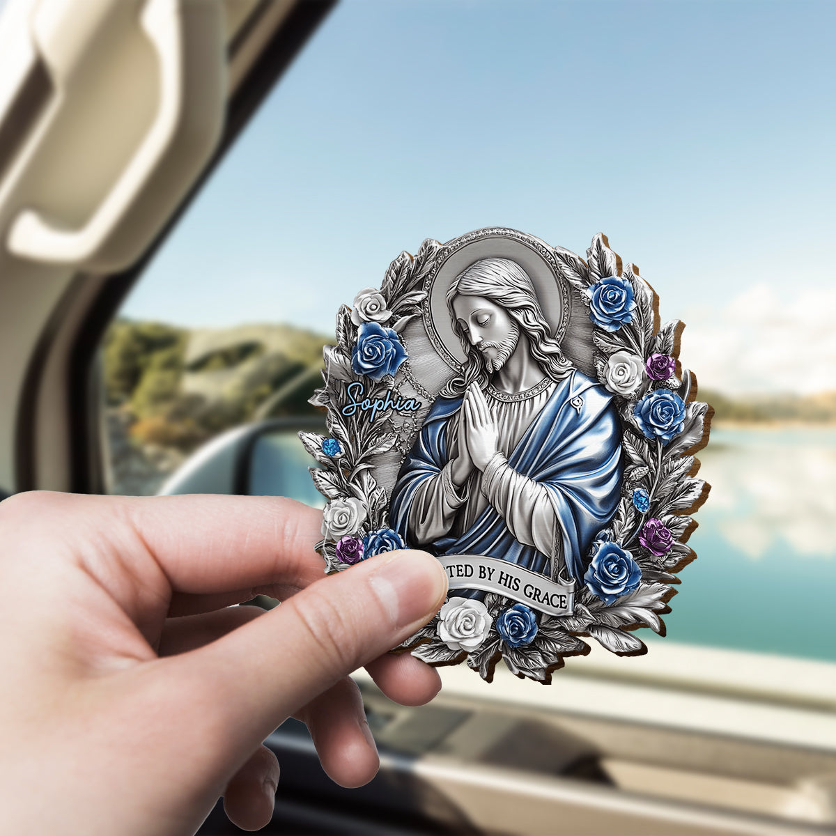 Protected By His Grace - Personalized Christian Shaped Car Visor Clip