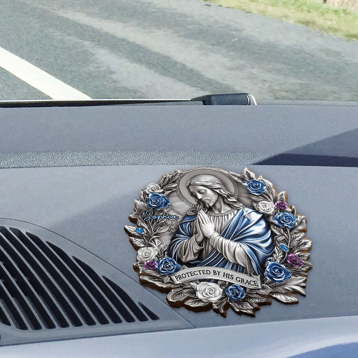 Protected By His Grace - Personalized Christian Shaped Car Visor Clip