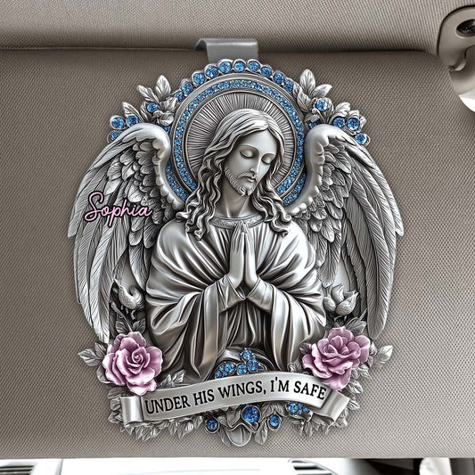 Under His Wings, I'm Safe - Personalized Christian Shaped Car Visor Clip