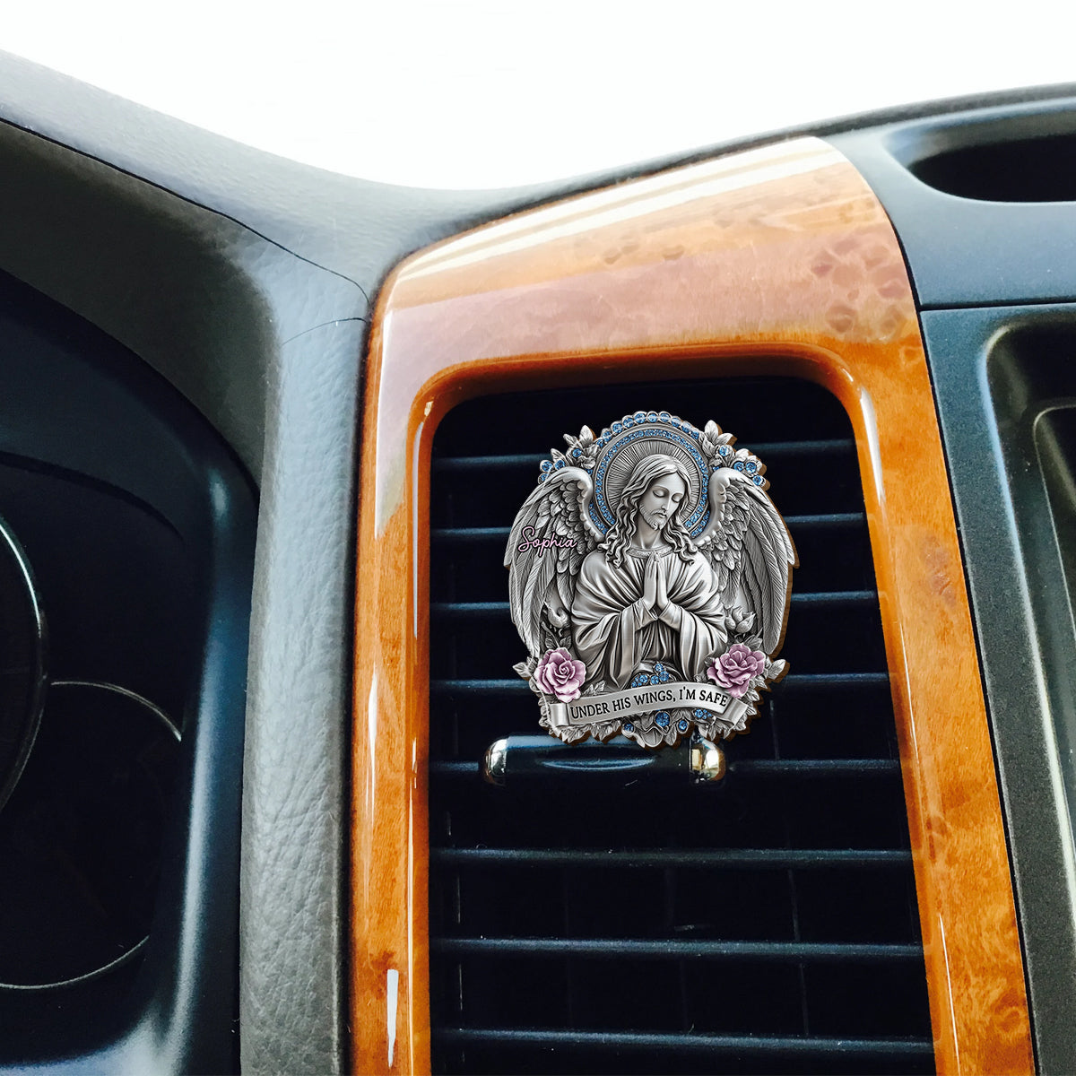 Under His Wings, I'm Safe - Personalized Christian Shaped Car Visor Clip