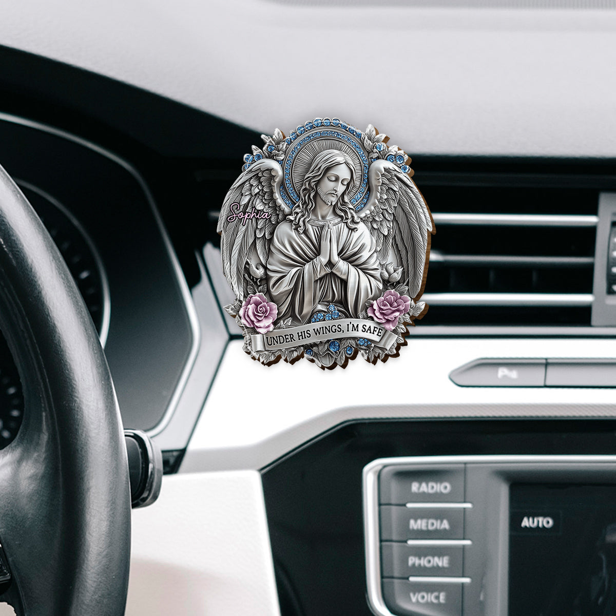 Under His Wings, I'm Safe - Personalized Christian Shaped Car Visor Clip