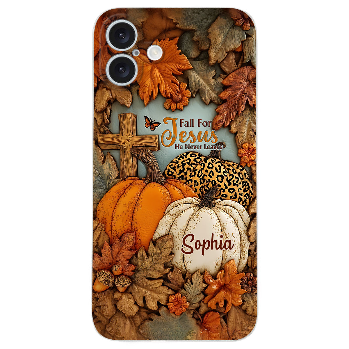 Fall for Jesus, He Never Leaves - Personalized Christian Leather Phone Case