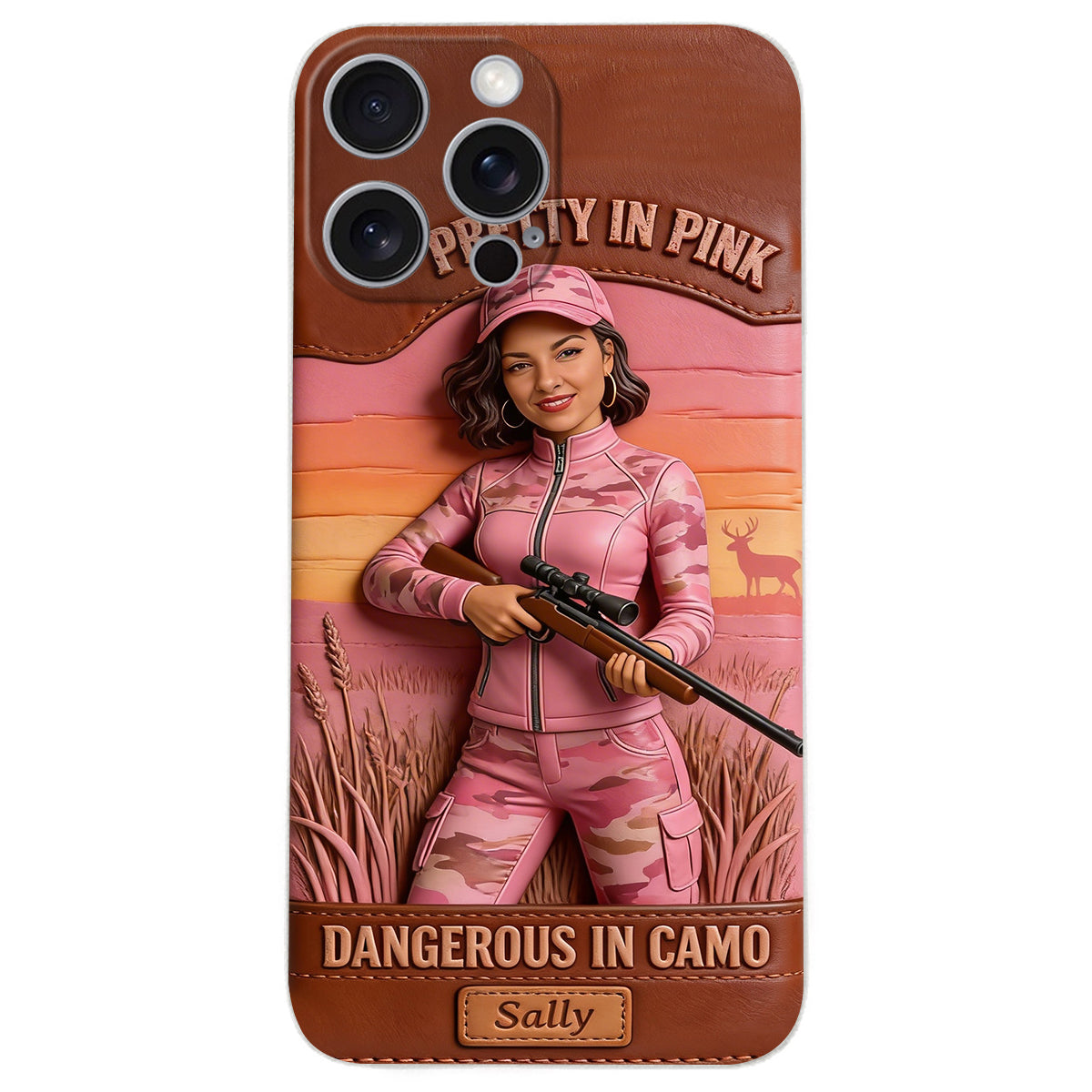Custom Any Photo Dangerous In Camo - Personalized Hunting Leather Phone Case