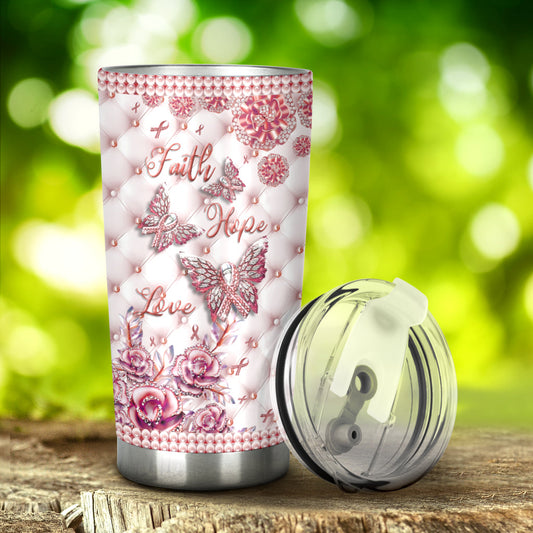 Faith Hope Love - Breast Cancer Awareness Tumbler With Rhinestone Pattern Print 0622