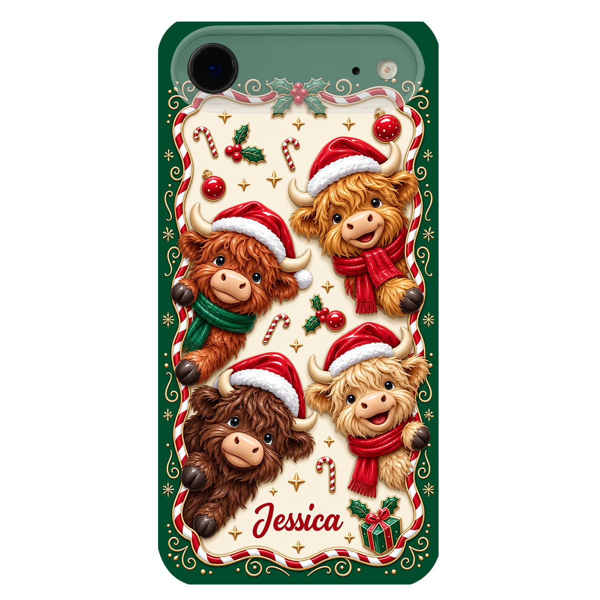 Merry Christmas Cute Highland Cows - Personalized Highland Cow 3D Embossed Leather Phone Case