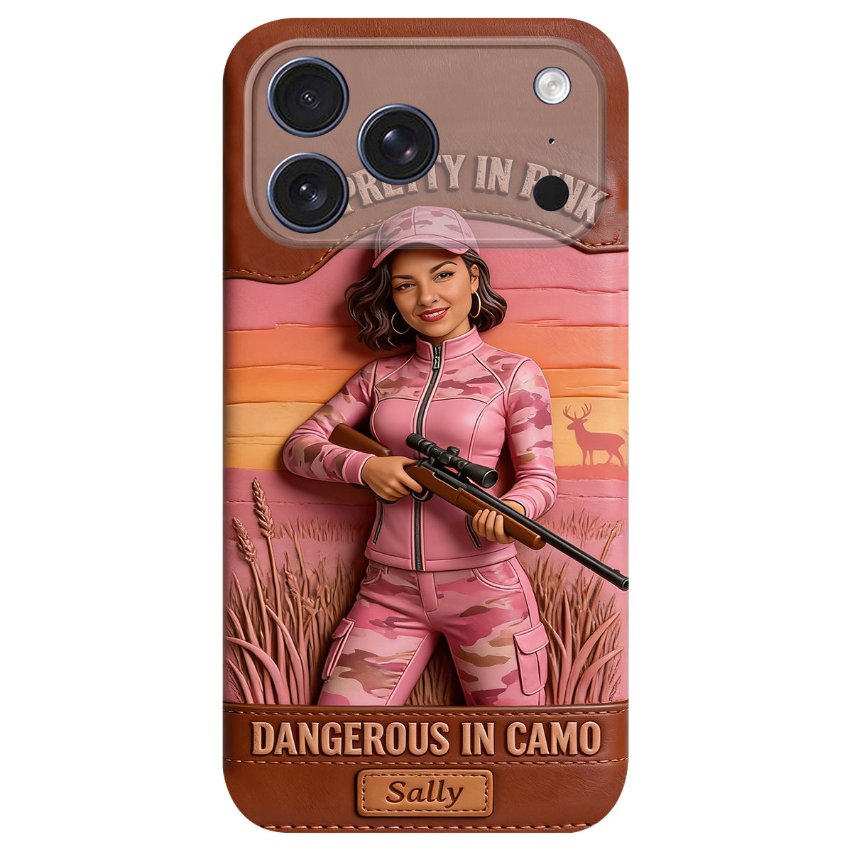 Custom Any Photo Dangerous In Camo - Personalized Hunting Leather Phone Case