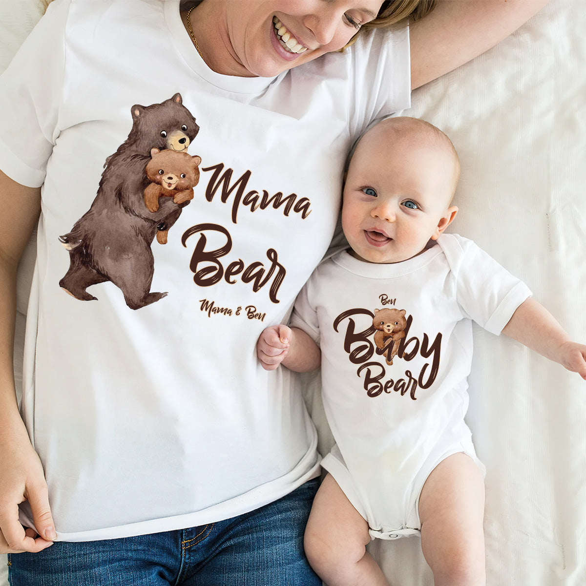 Papa Bear Baby Bear - Personalized Father T-shirt And Baby Onesie