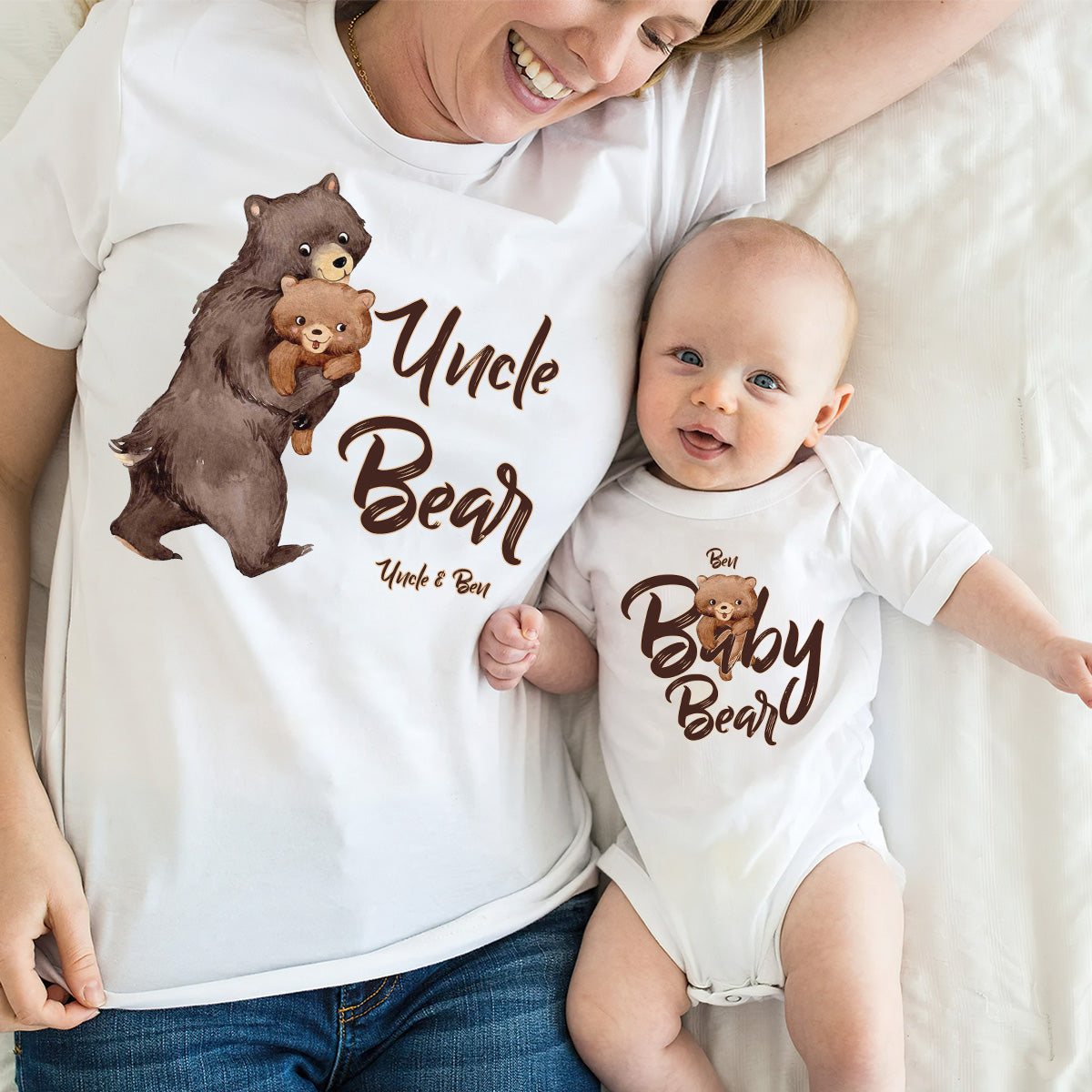 Papa Bear Baby Bear - Personalized Father T-shirt And Baby Onesie
