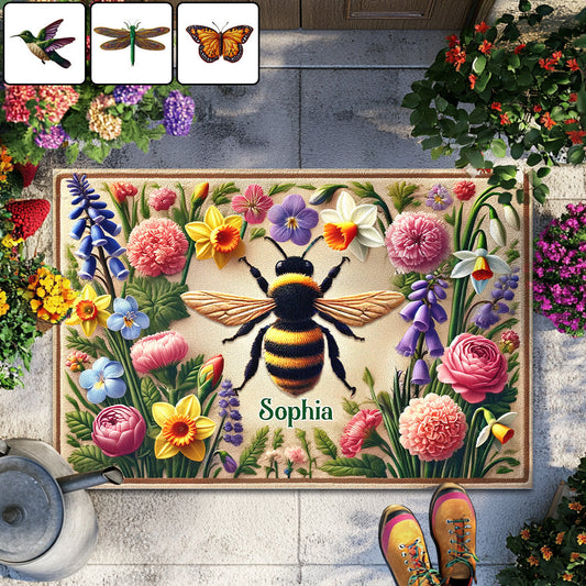 Beautiful Flowers Garden With Bee, Butterfly, Hummingbird & Dragonfly - Personalized Gardening Doormat