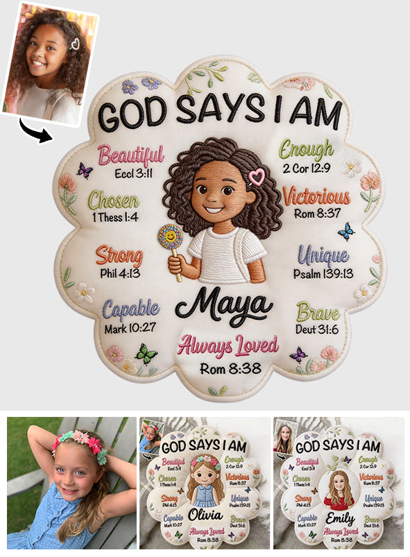 God Says I Am - Affirmation Gift - Personalized Young Girl Faux Fur Shaped Pillow