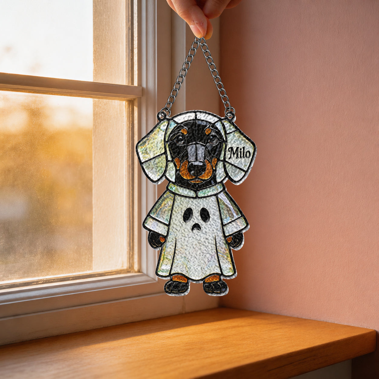 Pet Halloween - Personalized Long Haired Dachshund 3D Printed Glass Suncatcher