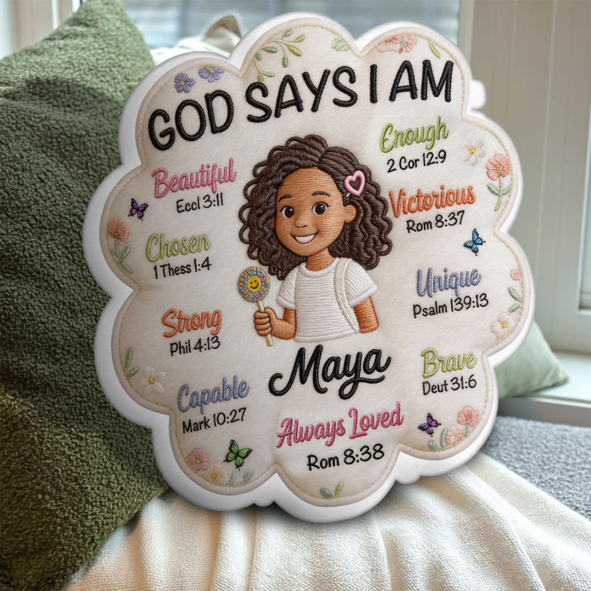 GOD SAYS I AM Personalized Embroidered Flower Pillow
