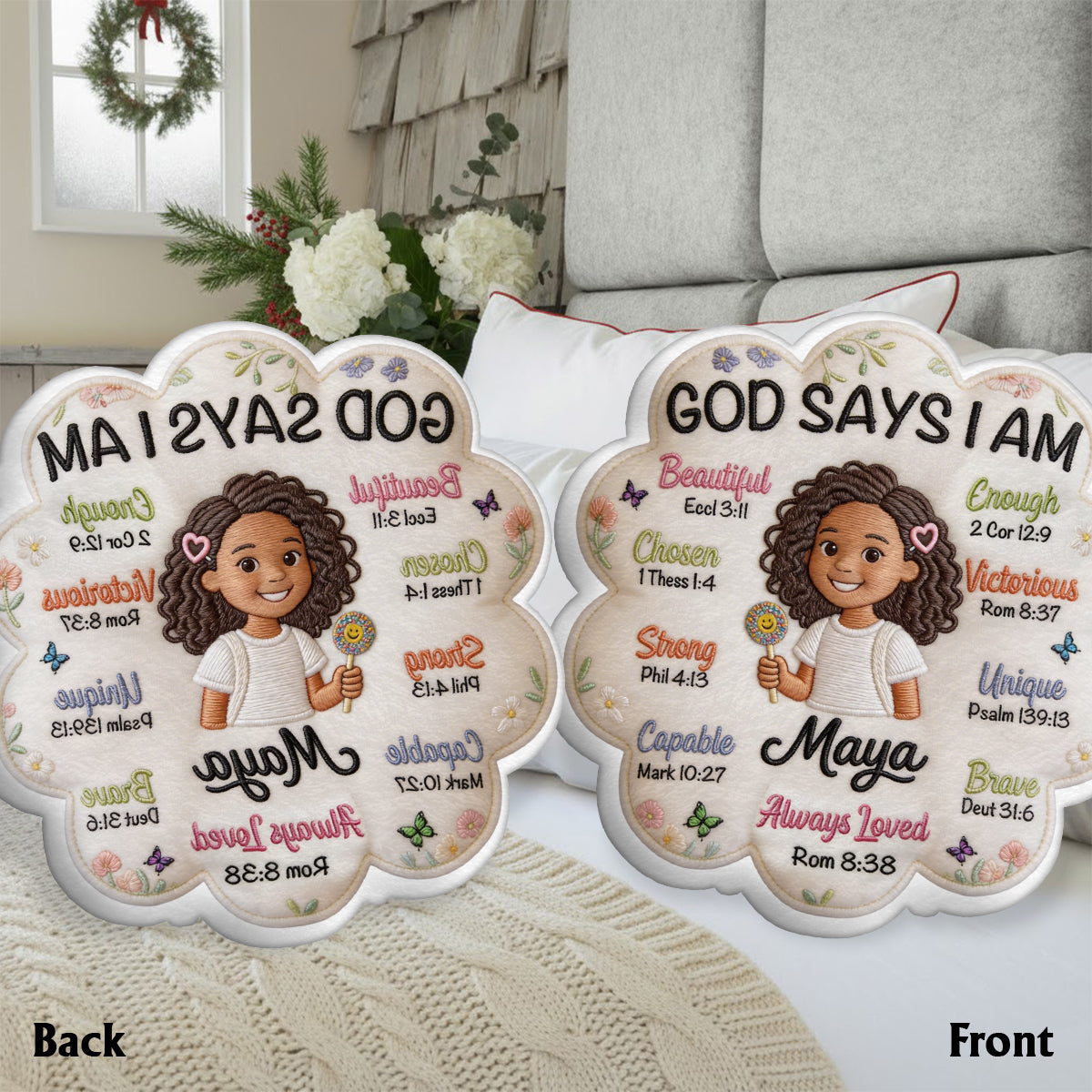 GOD SAYS I AM Personalized Embroidered Flower Pillow