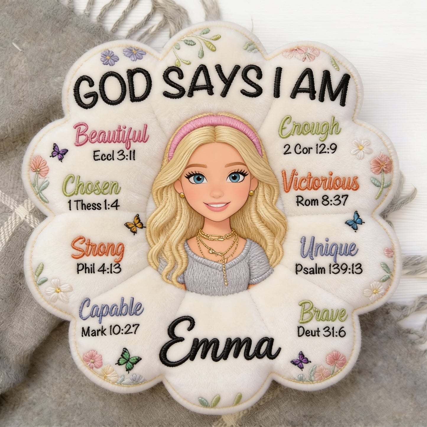 GOD SAYS I AM Personalized Embroidered Flower Pillow