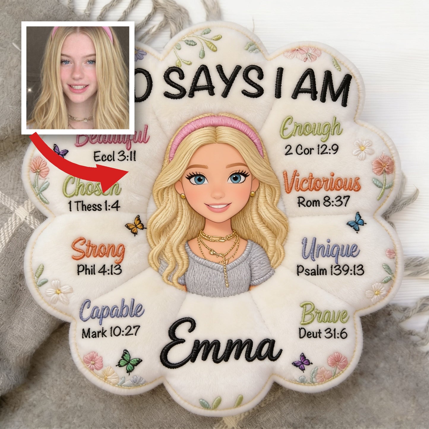 GOD SAYS I AM Personalized Embroidered Flower Pillow