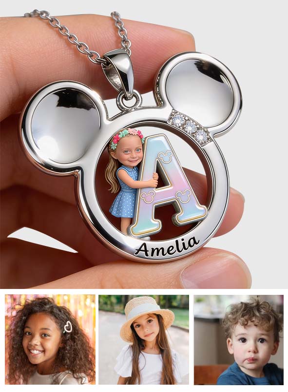 Big Ears Mickey Mouse Shape - Custom From Photo & Alphabet - Personalized Mickey Mouse Shaped Metal Pendant Necklace