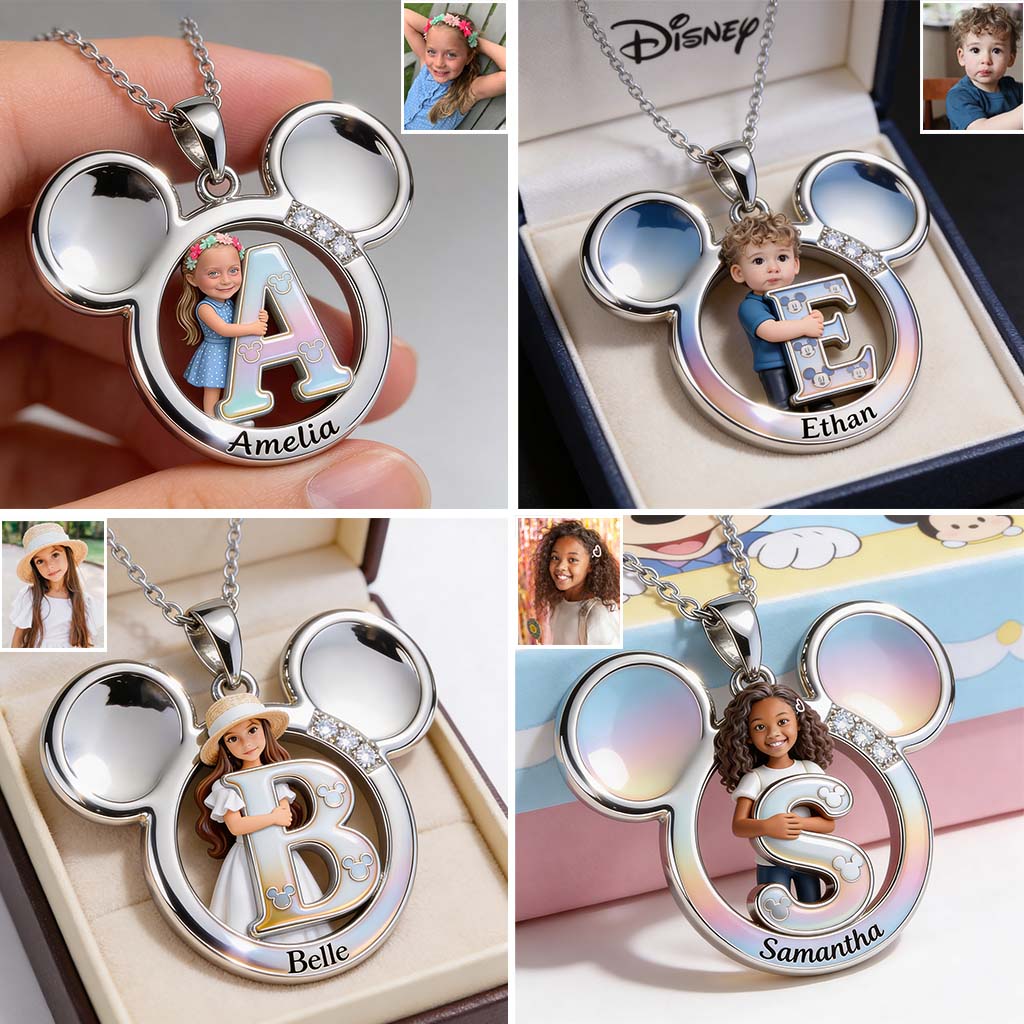 Big Ears Mickey Mouse Shape - Custom From Photo & Alphabet - Personalized Mickey Mouse Shaped Metal Pendant Necklace