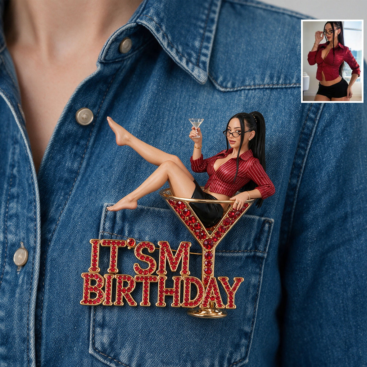 It's My Birthday - Curly Haired Martini Woman Personalized Birthday 3D Embossed Enamel Pin