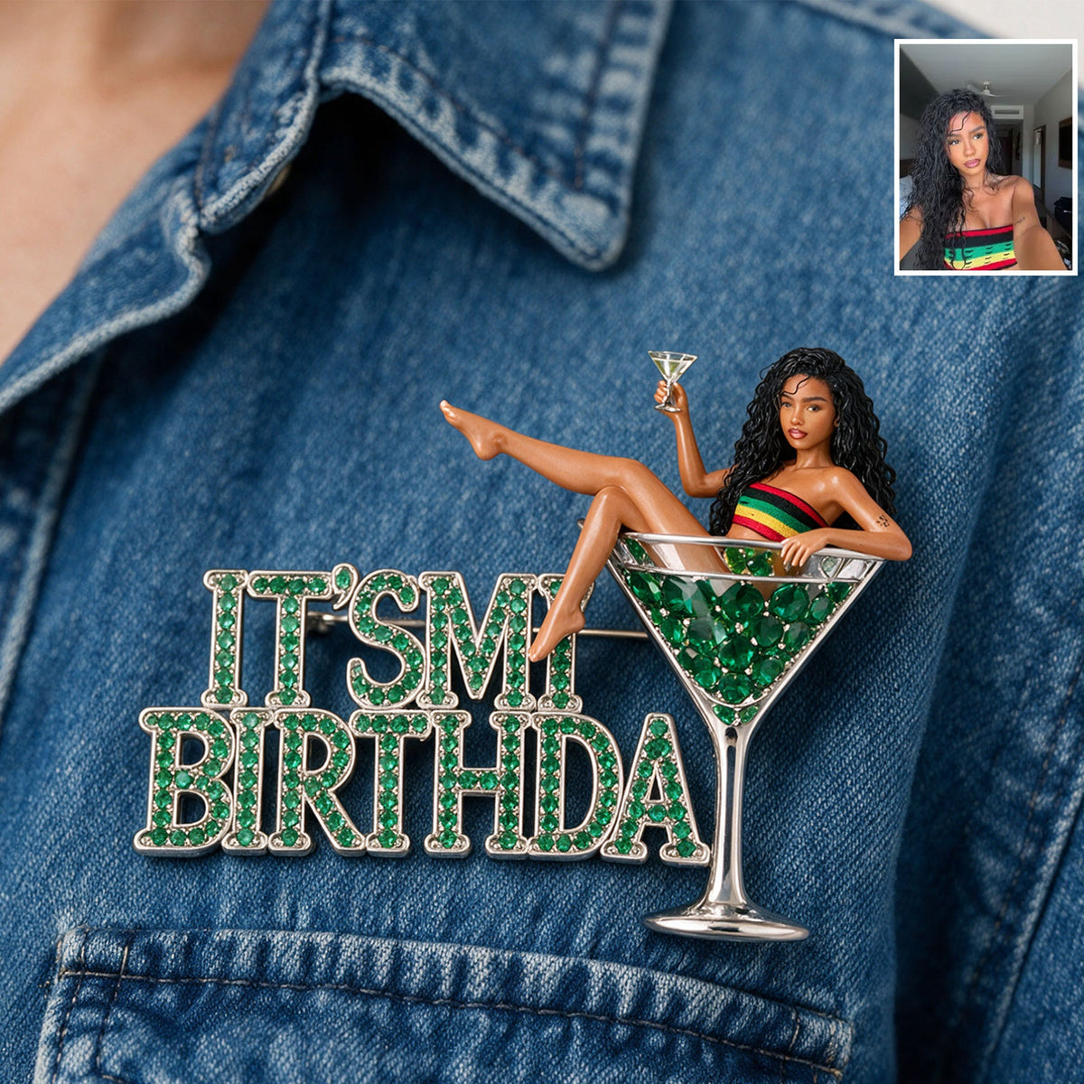 It's My Birthday - Curly Haired Martini Woman Personalized Birthday 3D Embossed Enamel Pin