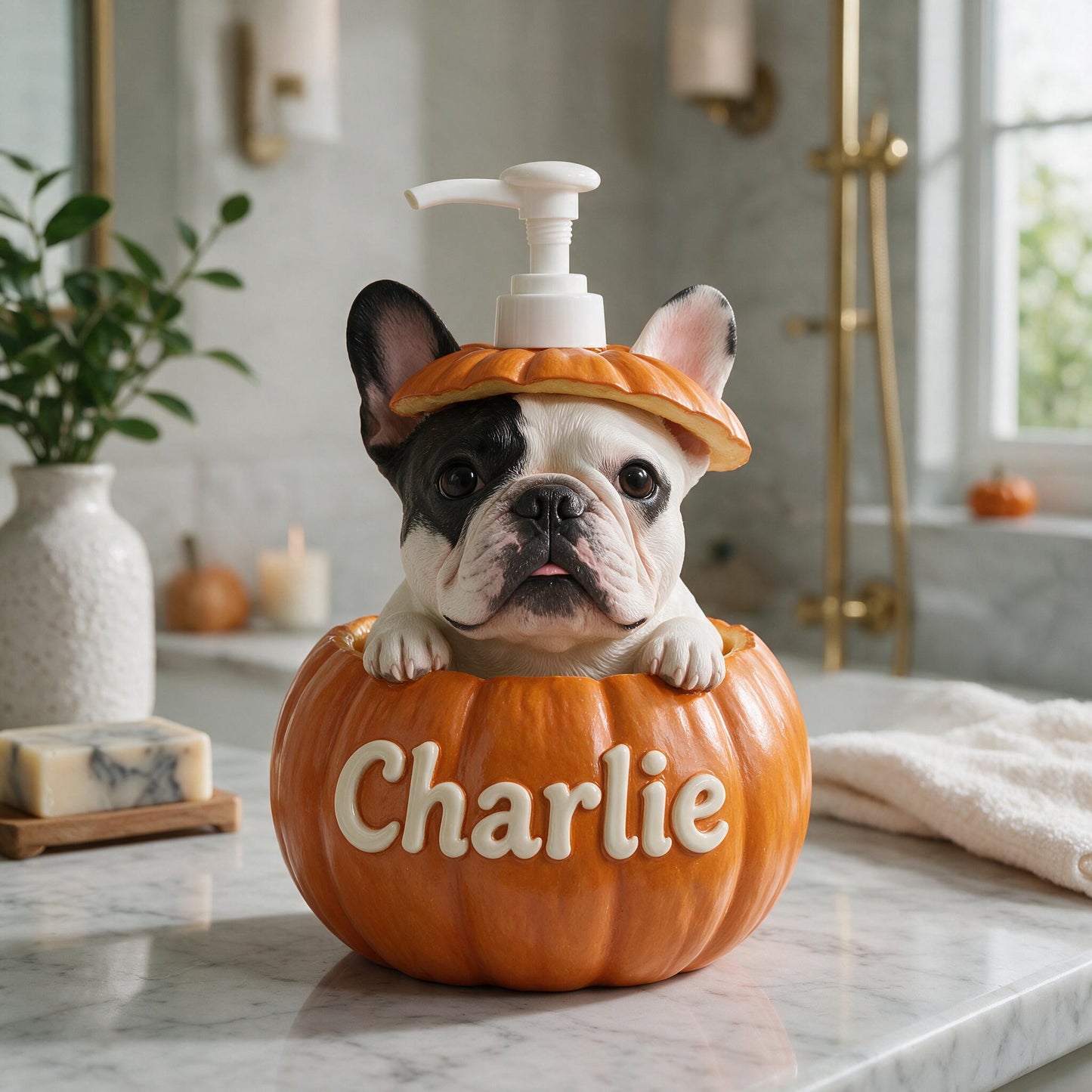 Personalized French Bulldog Pumpkin Peek-A-Boo Pump Dispenser - Cute Fall Bathroom Decor Dog Lover Gift