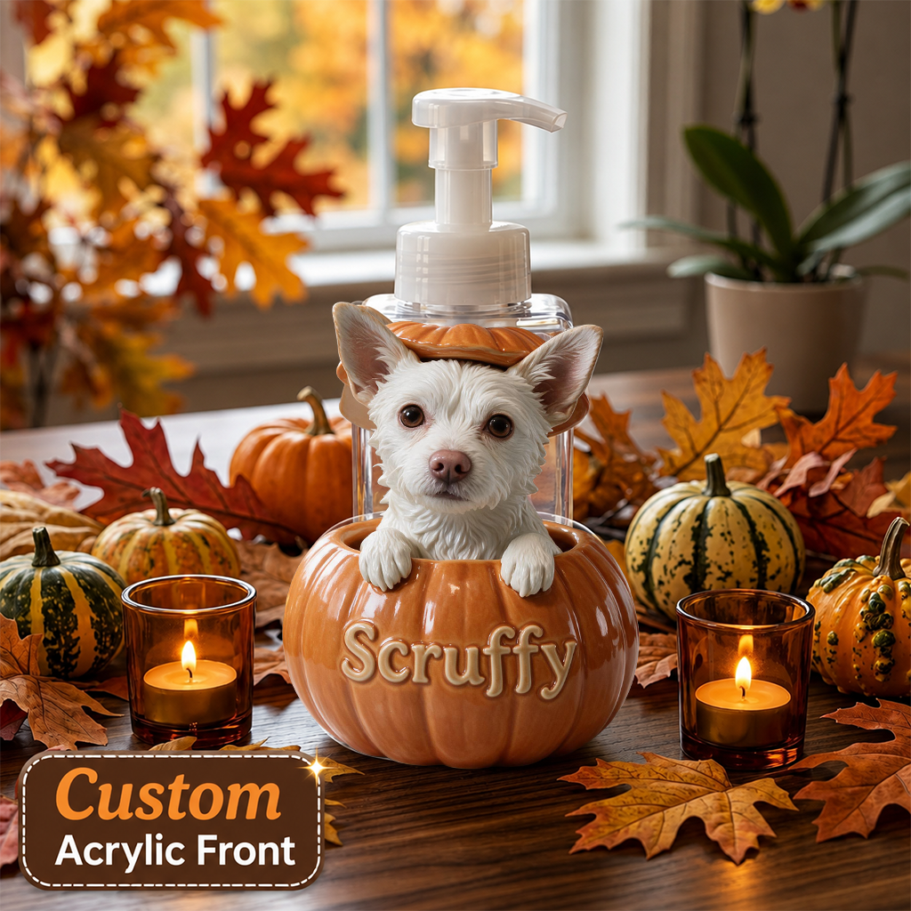 Personalized White Standard Poodle Pumpkin Soap Pump Dispenser, Cute Fall Halloween Dog Lover Home Decor Gift