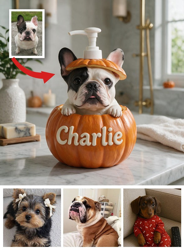 Personalized French Bulldog Pumpkin Peek-A-Boo Pump Dispenser - Cute Fall Bathroom Decor Dog Lover Gift