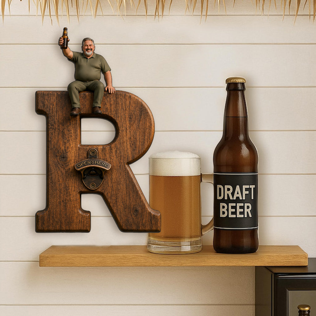 Personalized Letter Wall Bottle Opener | Funny Bearded Beer Lover Man Design, Rustic Home Bar Gift for Dad Beer Enthusiasts