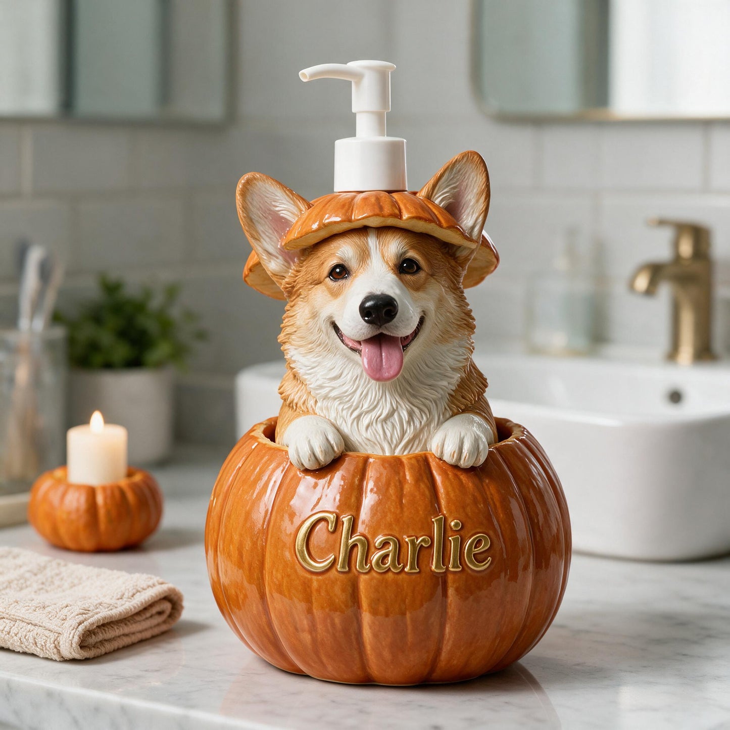 Personalized Welsh Corgi Pumpkin Peek-A-Boo Pump Dispenser, Cute Fall Bathroom Decor Gift for Corgi Dog Lovers