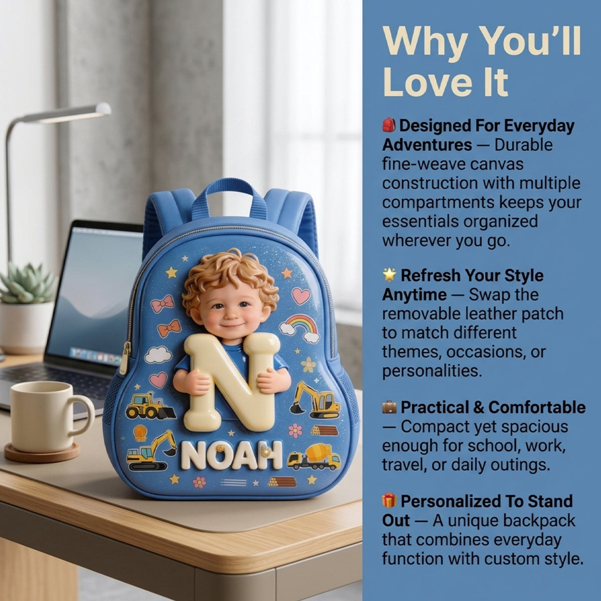 Personalized 3D Blonde Baby Boy Backpack Custom Name Changeable Patch Toddler School Gift for Little Boys