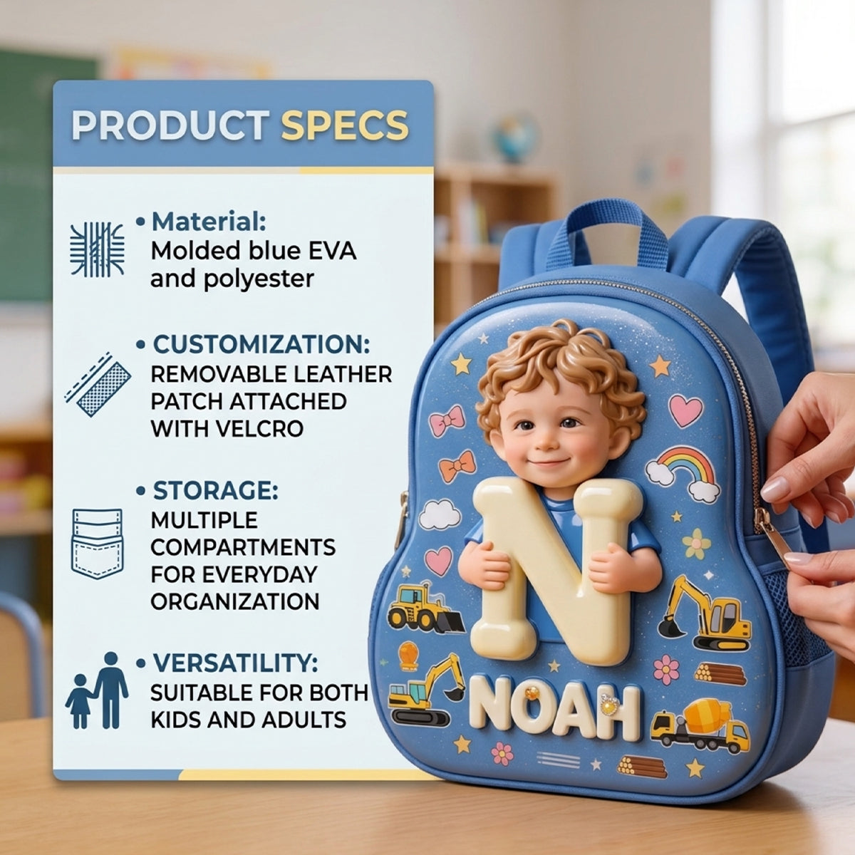 Personalized 3D Curly Hair Black Baby Boy Custom Name Backpack, Cute Toddler Preschool Gift for Little Boys