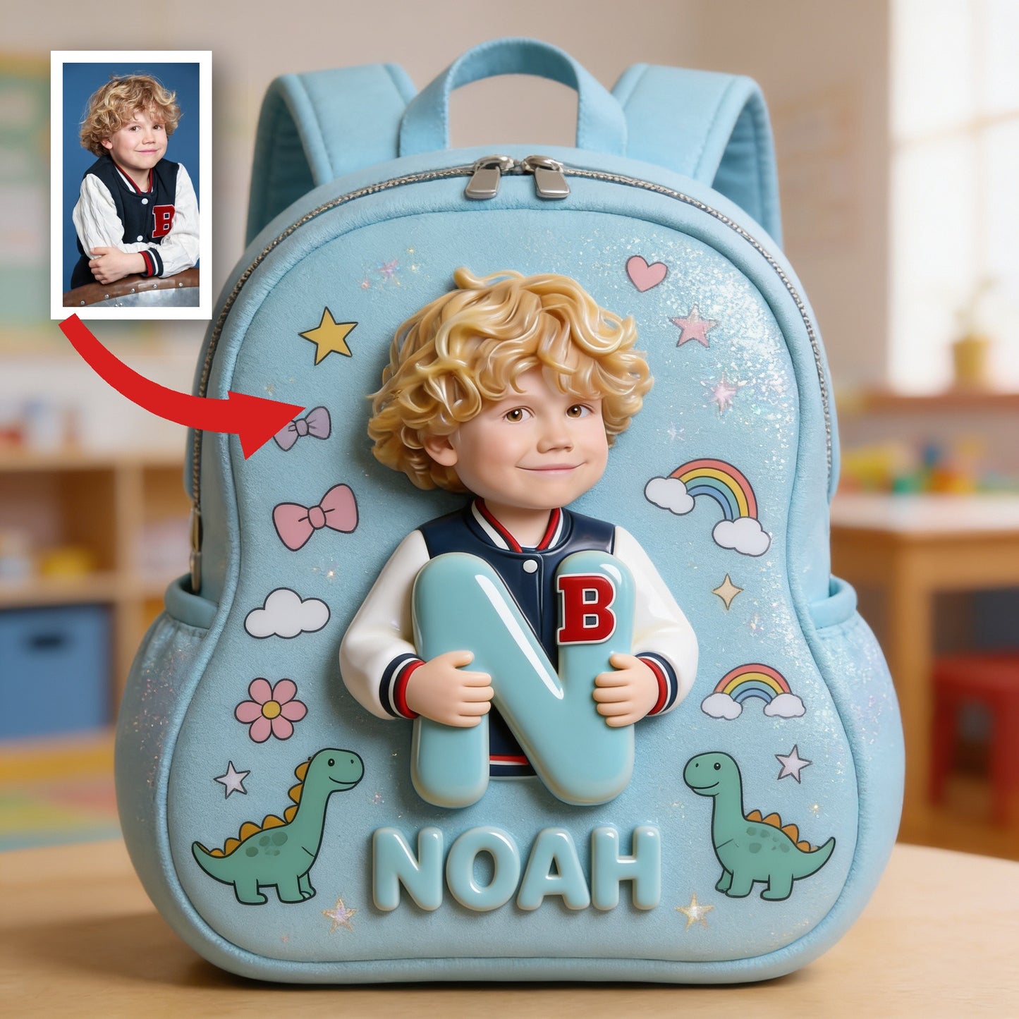 Personalized 3D Curly Blonde Baby Boy Custom Name Backpack, Cute Preschool Toddler School Gift for Little Boys