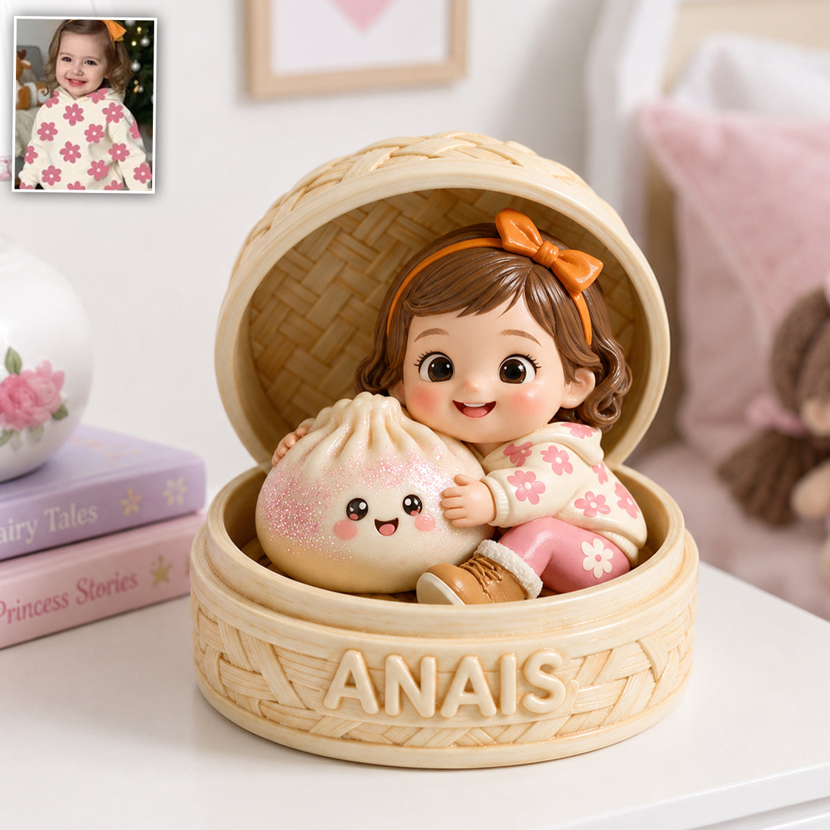 Adorable Custom Black Baby in Bamboo Steamer with Cute Dumpling Personalized Double-Sided Acrylic Plaque, Sweet New Baby Keepsake Gift