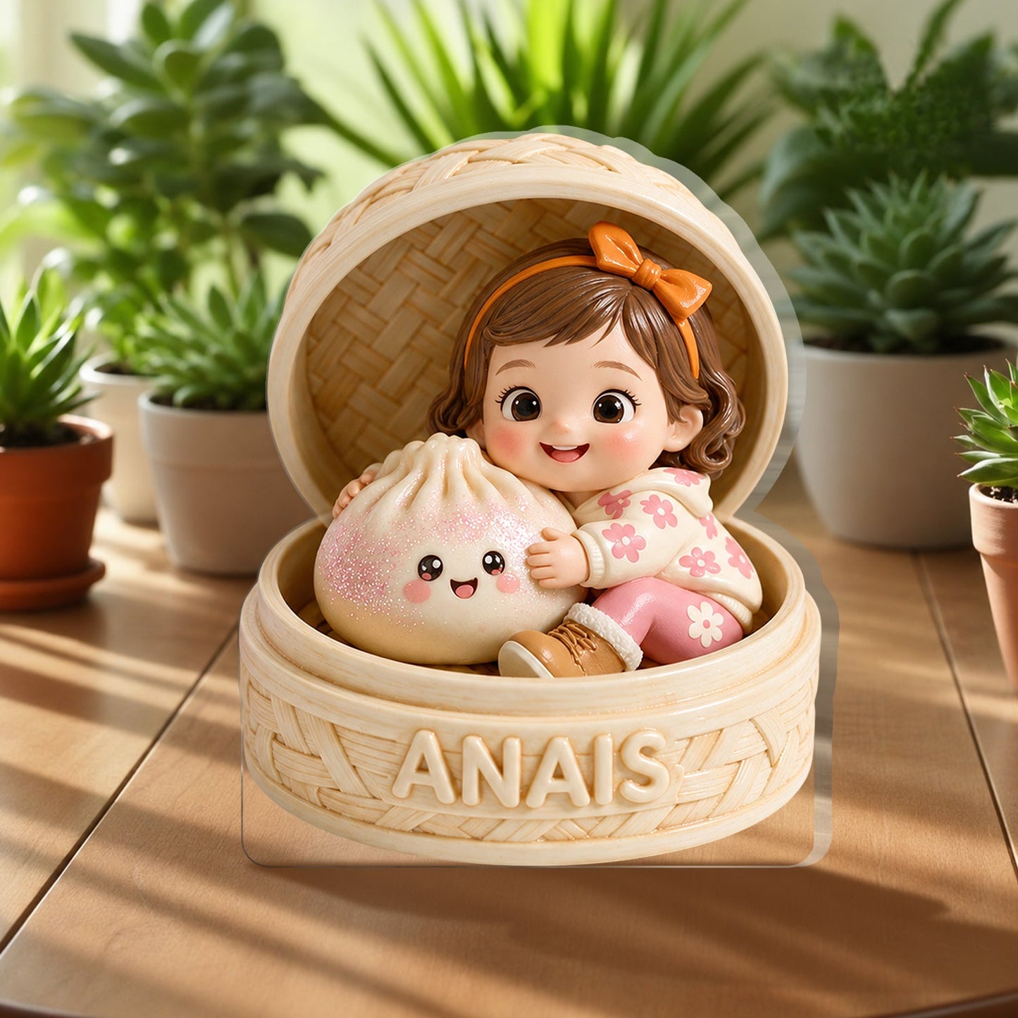 Adorable Custom Black Baby in Bamboo Steamer with Cute Dumpling Personalized Double-Sided Acrylic Plaque, Sweet New Baby Keepsake Gift