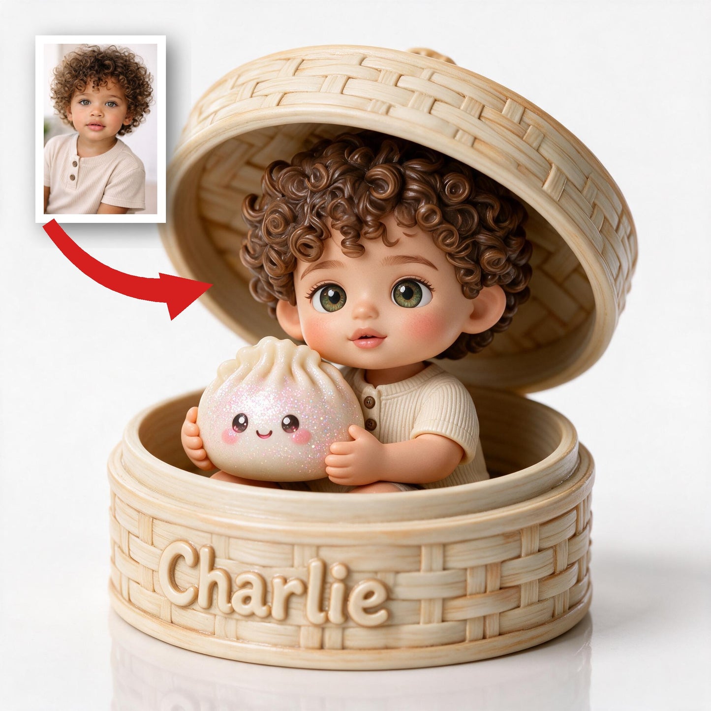 Cute Curly Haired Baby with Kawaii Dumpling Personalized 2-Sided Acrylic Plaque Custom Kids Keepsake Gift