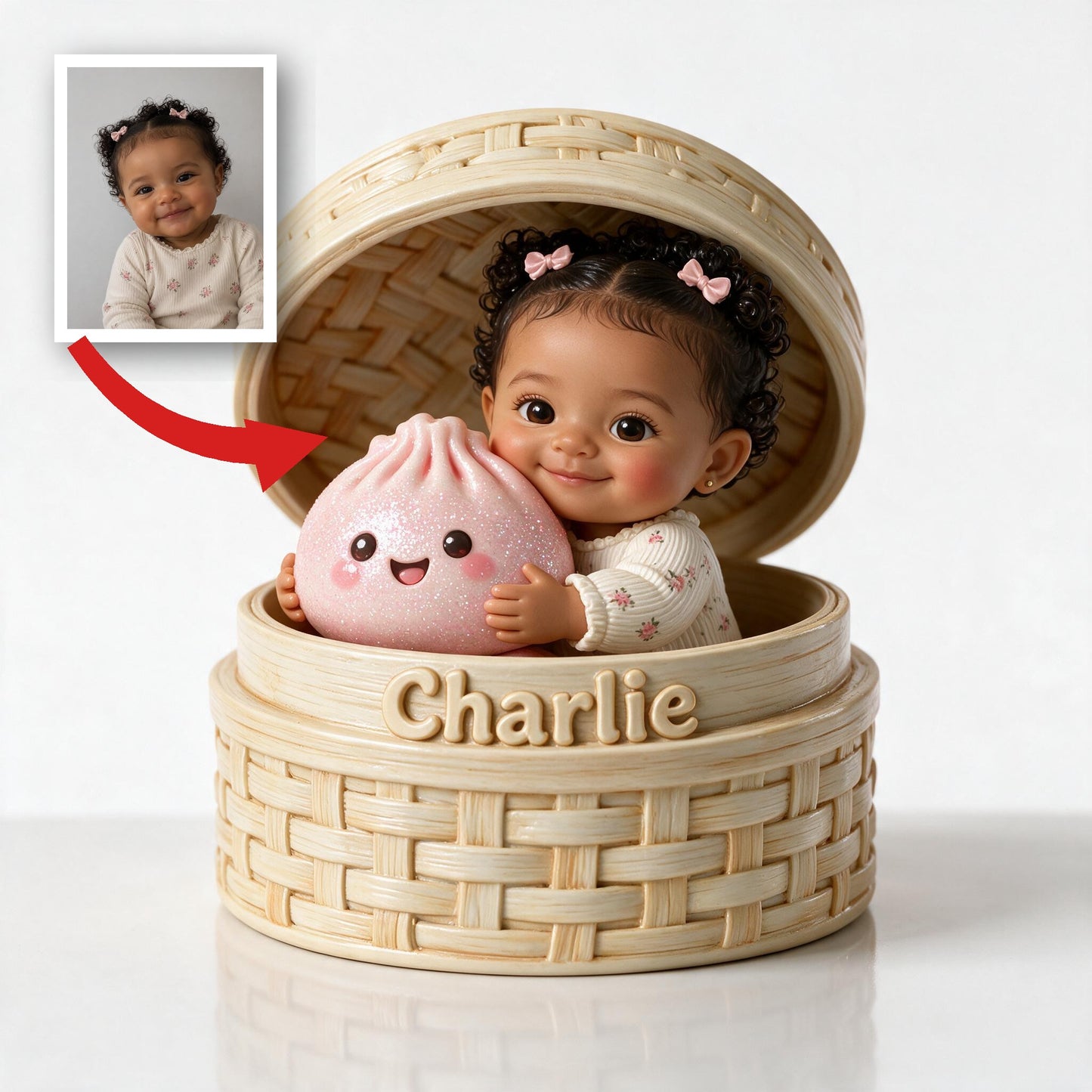 Adorable Curly Hair Latin Baby Holding Cute Pink Dumpling In Steamer Personalized 2-Side Printed Acrylic Plaque Kids Gift Keepsake