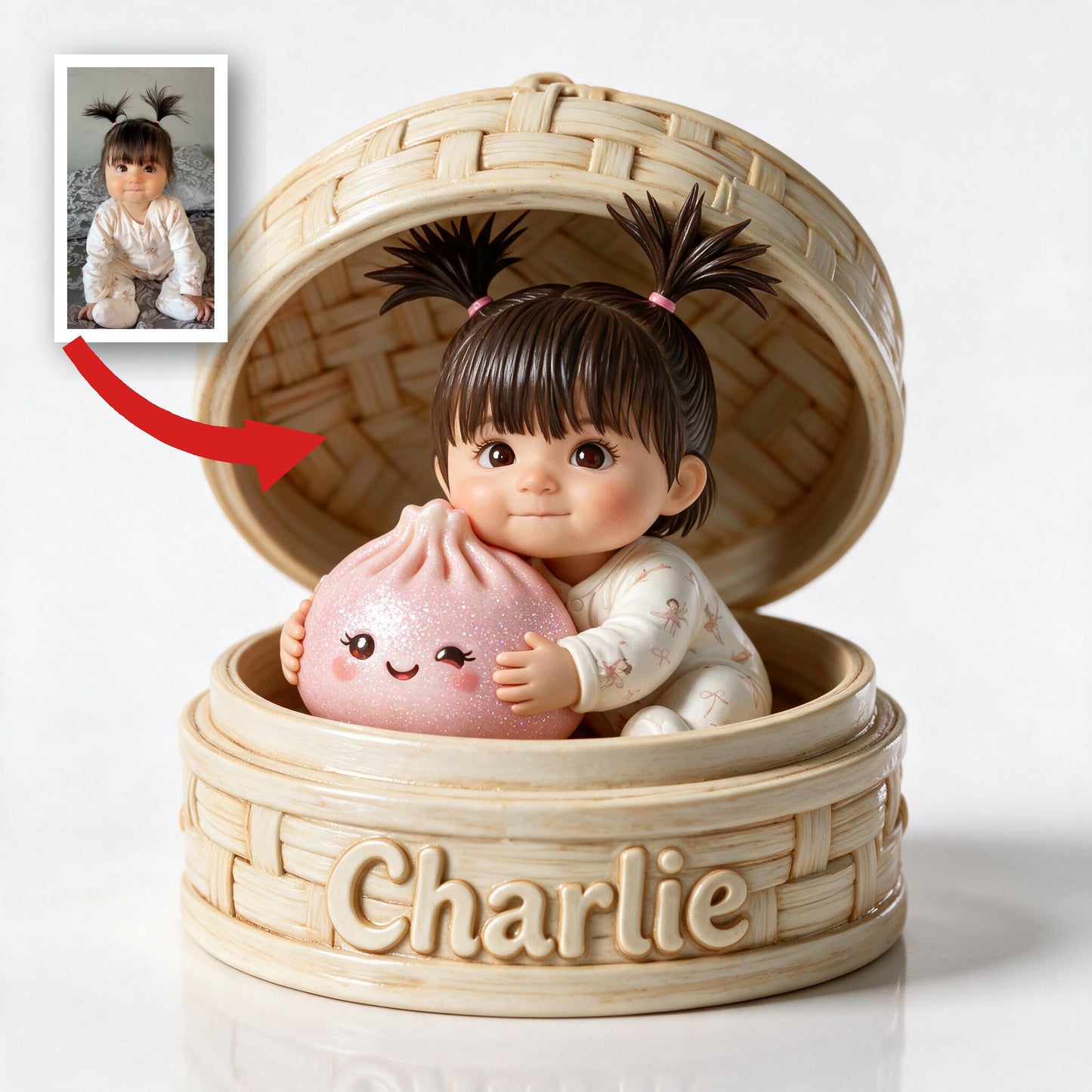 Cute Baby Girl Hugging Kawaii Dumpling in Bamboo Steamer Personalized Double-Sided Acrylic Plaque, Custom Kid Gift
