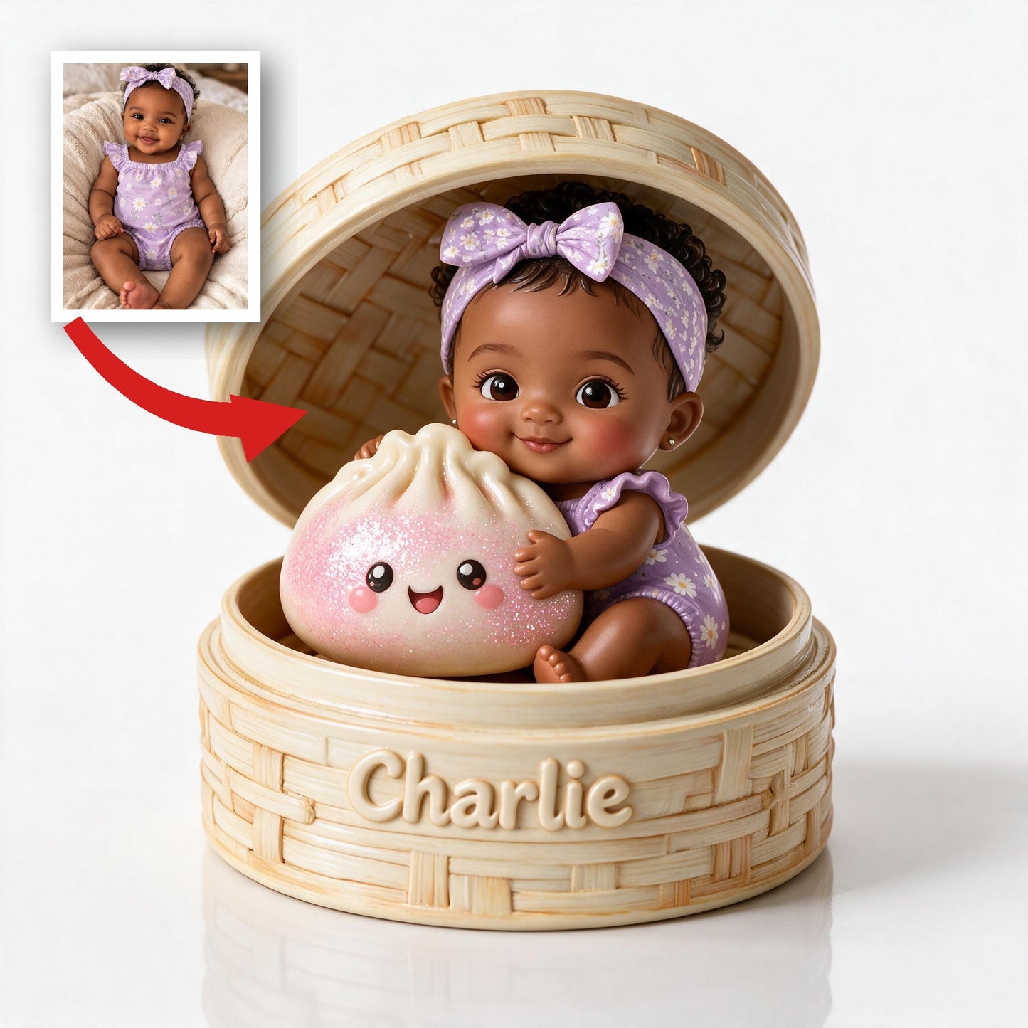 Adorable Custom Black Baby in Bamboo Steamer with Cute Dumpling Personalized Double-Sided Acrylic Plaque, Sweet New Baby Keepsake Gift