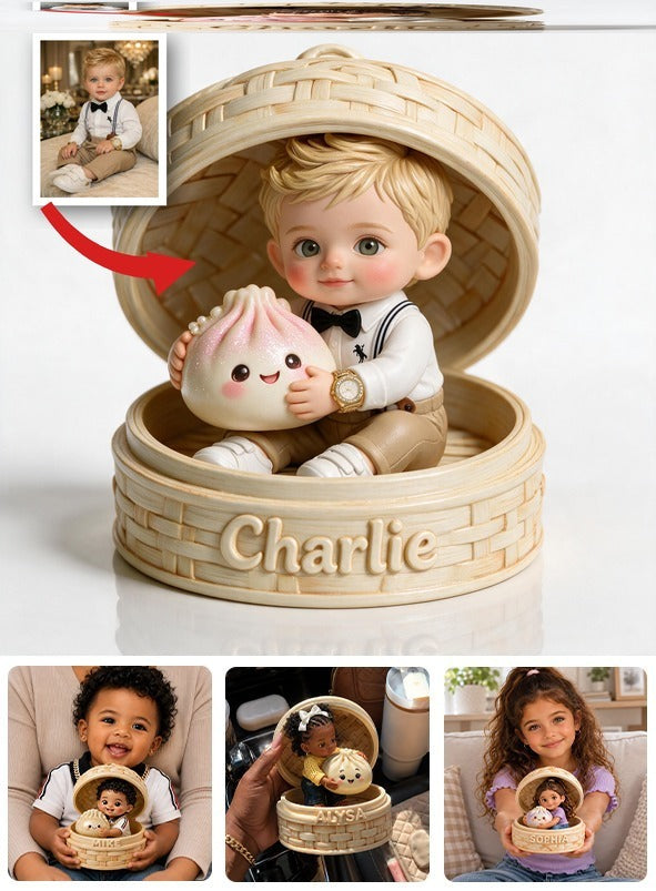 Adorable Curly Hair Latin Baby Holding Cute Pink Dumpling In Steamer Personalized 2-Side Printed Acrylic Plaque Kids Gift Keepsake