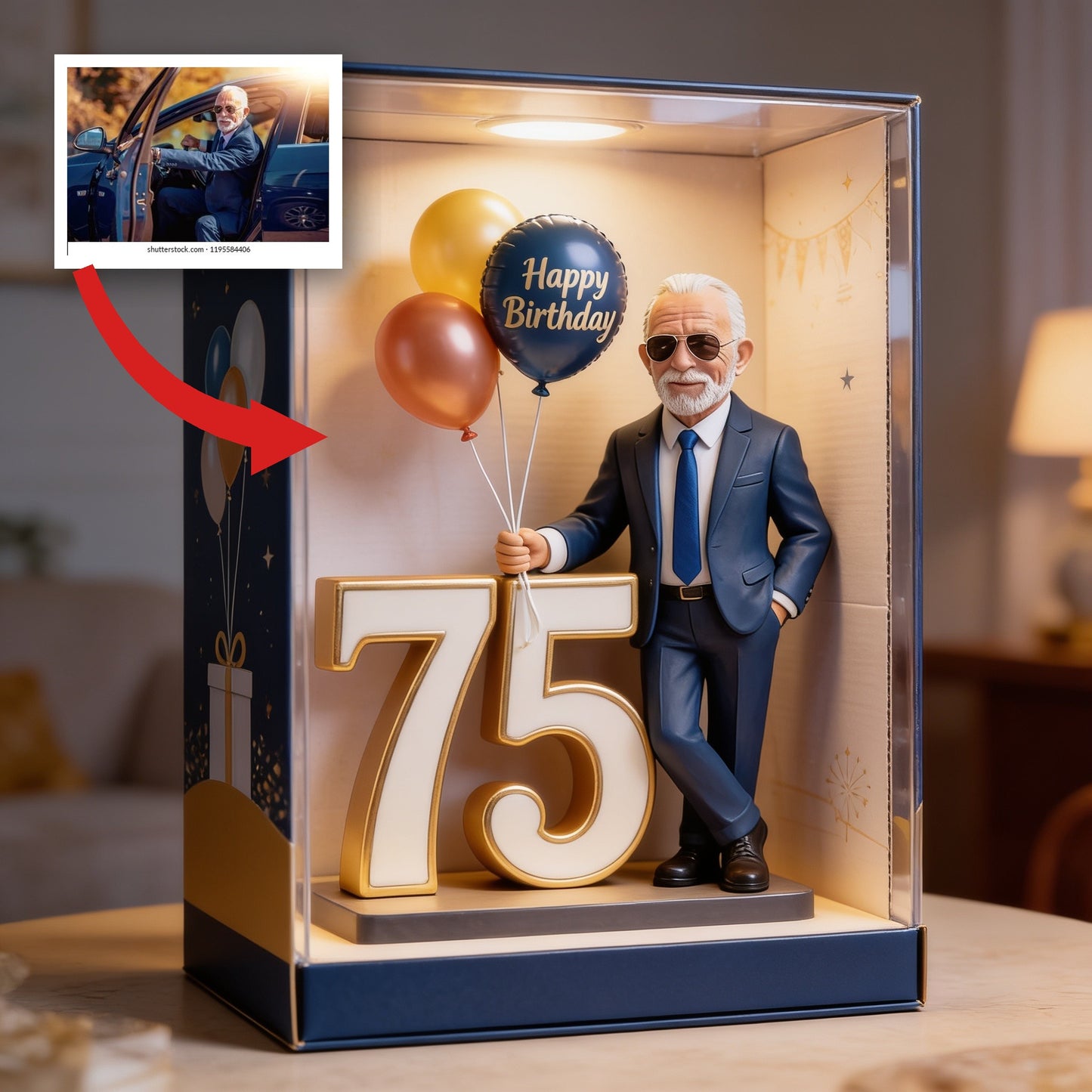 Elderly Gentleman 75th Birthday Custom Shaped Acrylic Plaque, Personalized Balloon Keepsake Gift for Dad or Grandpa