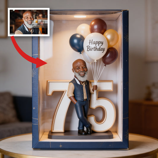 Personalized Smiling Elderly Man Milestone Birthday Acrylic Plaque with Balloons - Unique Custom 75th Birthday Gift for Dad or Grandpa