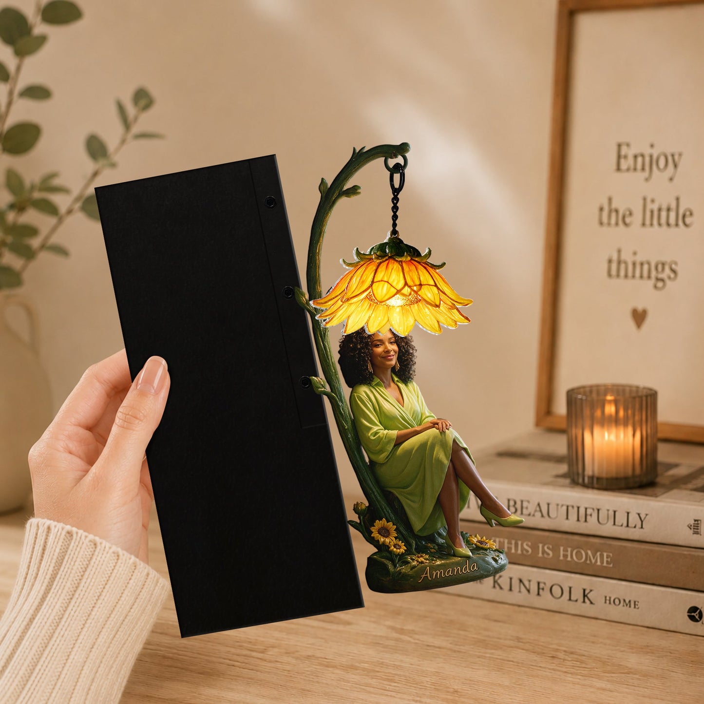 Custom Personalized Adult Woman Peony Flower Bookshelf Lamp, Cozy Reading Nook Decor Unique Self Love Gift for Book Lovers