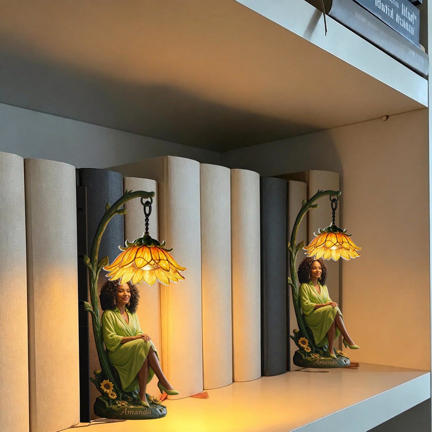 Personalized Seated Adult Woman Pink Peony Bookshelf Lamp - Cozy Reading Nook Self Love Home Decor Gift