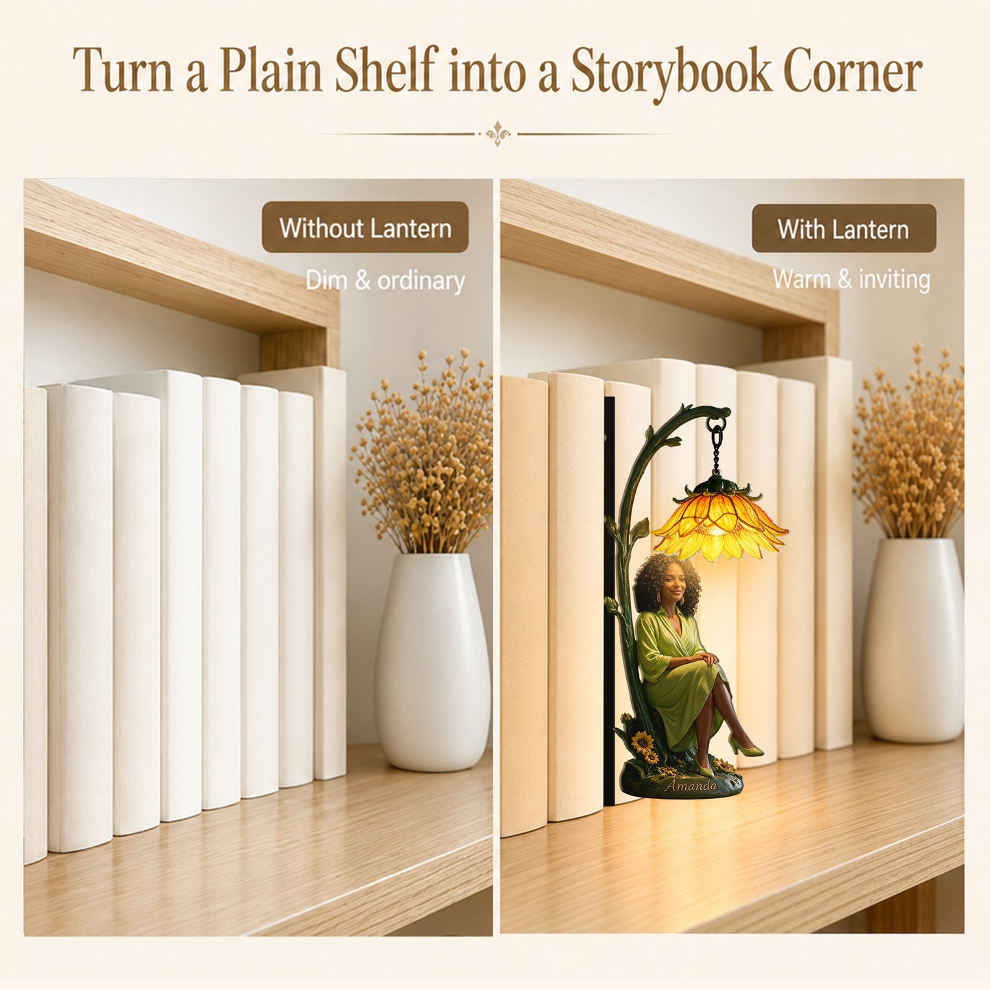 Personalized Elegant Seated Latin Woman Peony Flower Bookshelf Lamp, Custom Cozy Reading Nook Gift for Book Lovers