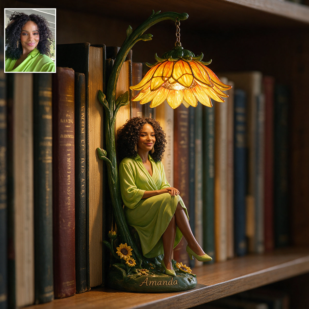 Custom Personalized Flower Crown Old Woman Bookshelf Lamp Cozy Reading Nook Decor Gift for Book Lovers