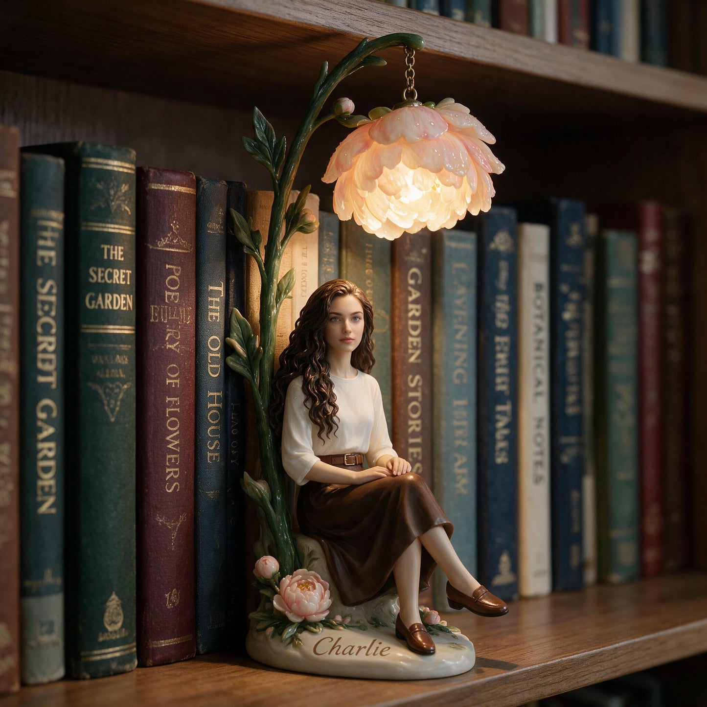 Personalized Elegant Seated Latin Woman Peony Flower Bookshelf Lamp, Custom Cozy Reading Nook Gift for Book Lovers