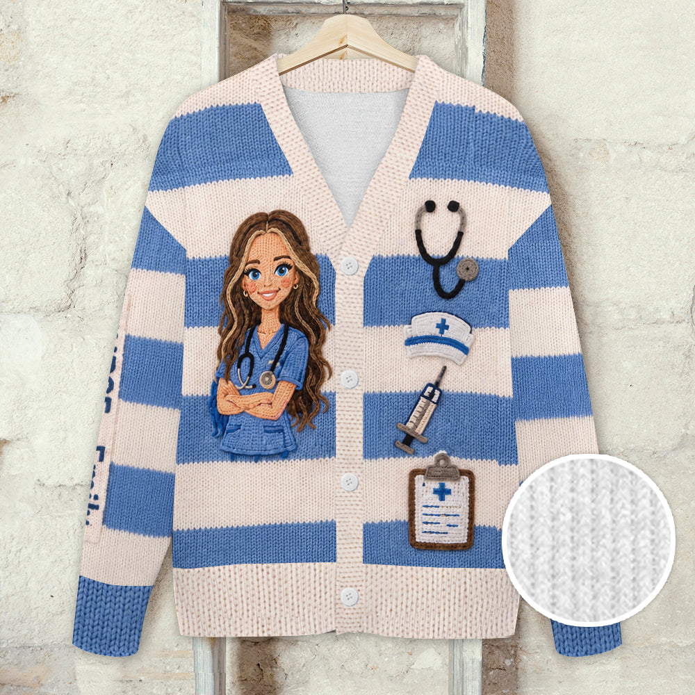 Personalized Registered Nurse Cardigan Sweater | Cute Faux Knit Nurse Life Design, Perfect Latin Nurse Appreciation Gift for Work and Casual Wear
