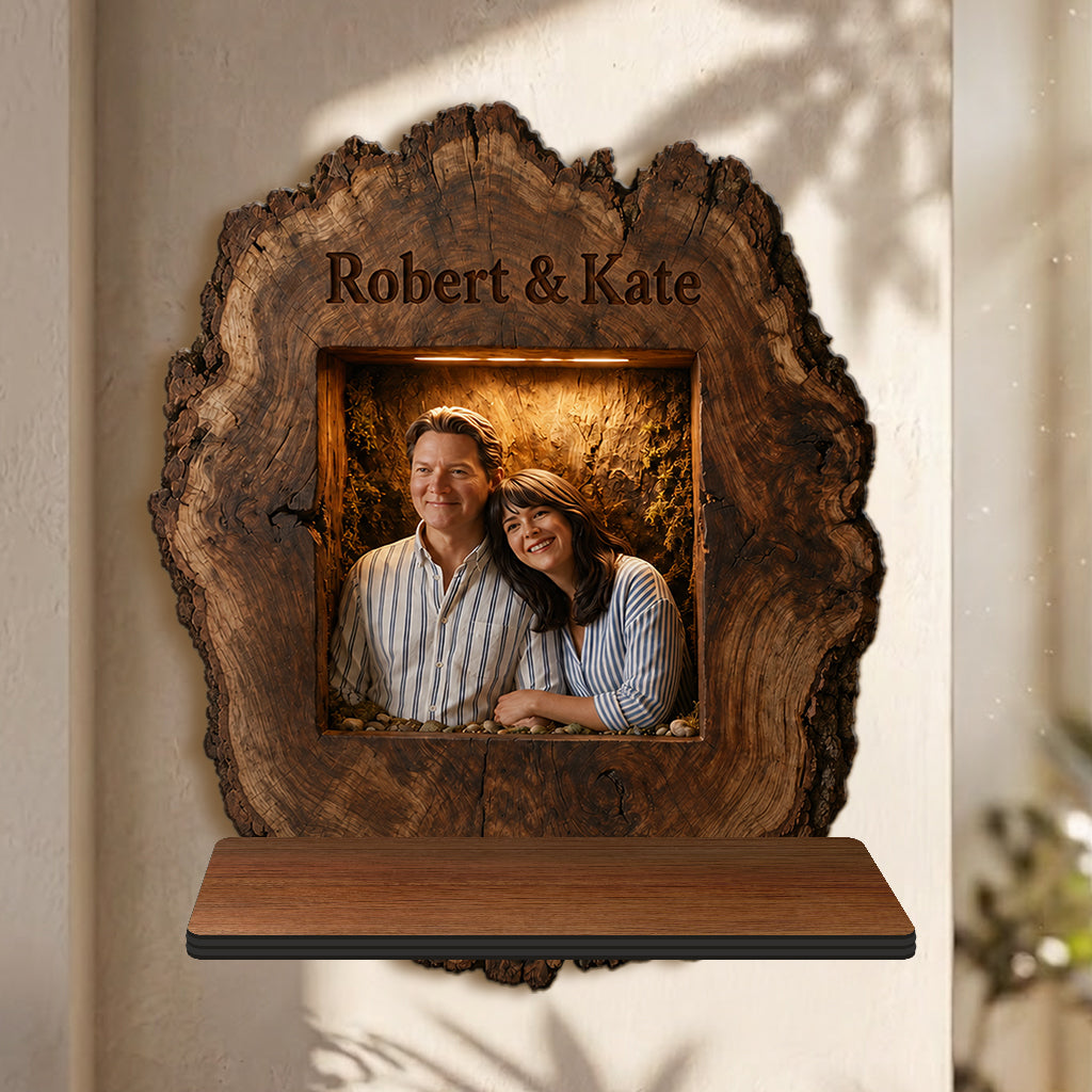 Rustic Personalized Couple Portrait Wooden Floating Shelf | Funny No Returns Relationship Gift for Anniversaries, Valentine and Housewarming