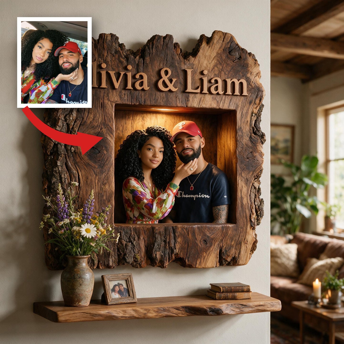 Personalized Rustic Live Edge Latin Couple Wooden Floating Shelf Romantic Custom Wall Decor Valentine Anniversary Gift