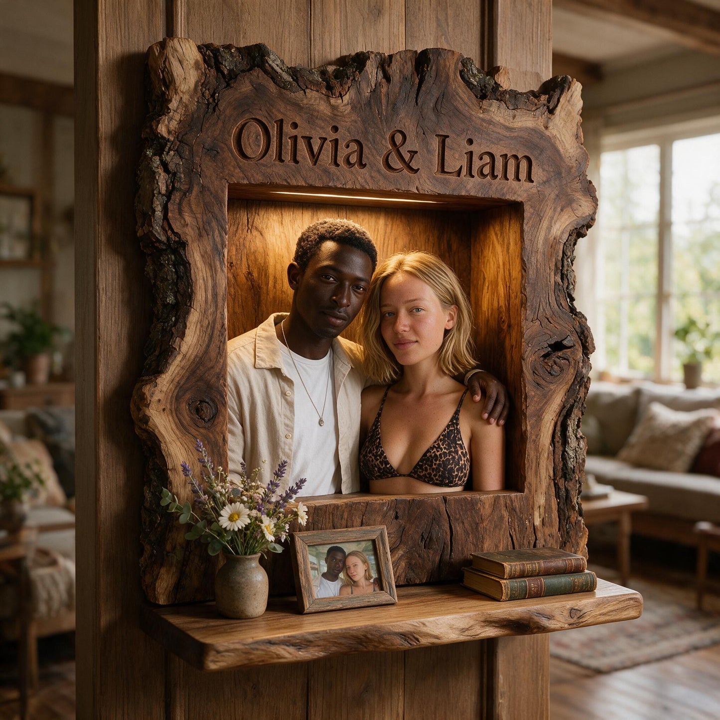 Rustic Live Edge Personalized Couple Wooden Floating Shelf - 'I'm Yours No Returns' Romantic Anniversary Home Decor Gift