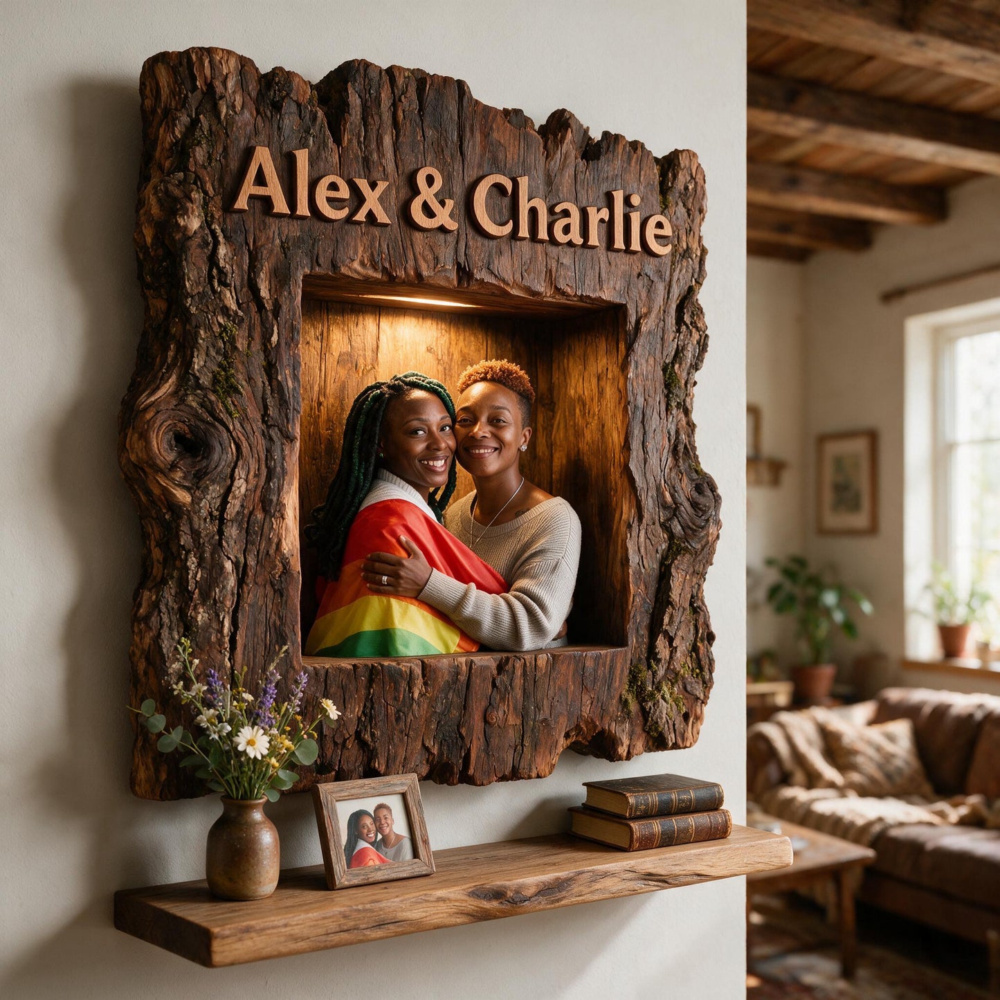 Personalized Rustic LGBTQ+ Couple Wooden Floating Shelf, "I'm Yours No Return" Pride Anniversary Home Decor Gift